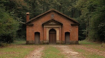 Rustic Brick Building in Forest Clearing