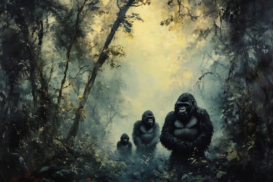 Mountain Gorilla Family a Misty Forest