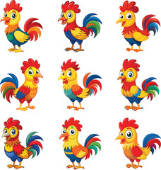 Obraz premium rooster, cartoon, farm, chicken, illustration, set, vector, animal, hen, isolated, domestic, bird, icon, collection, cute, cock, colorful, nature, character, poultry, background, flat, pet, chick