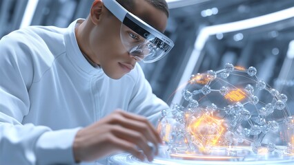 Researcher studying molecular hologram through AR glasses, examining advanced scientific data visualization in high tech laboratory environment