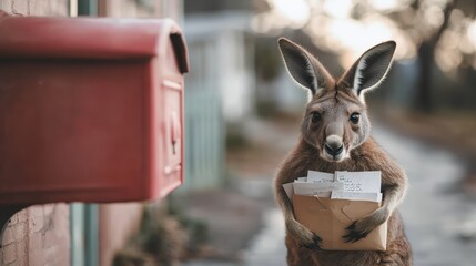 An adorable kangaroo stands near a mailbox, holding letters in its paws, evoking a sense of whimsy and curiosity in this playful and enchanting scene that delights viewers of all ages.