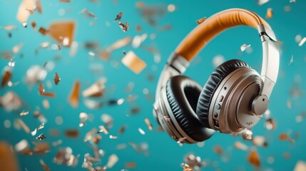 Stylish headphones are surrounded by lively confetti, capturing the essence of music and celebration, and enticing viewers with a vibrant, high-energy atmosphere perfect for audio enthusiasts.