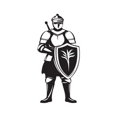 Vector illustration of a medieval royal soldier holding a shield. Perfect for historical themes, fantasy stories, strategy games, and warrior character designs.