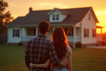 Young couple standing happily in front of their new home