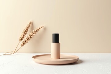 Makeup brush with powder in a stylish beauty setup