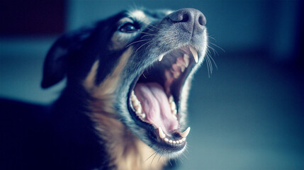 Triggered reaction environment. A person panics as a dog barks, triggering a sudden emotional response.