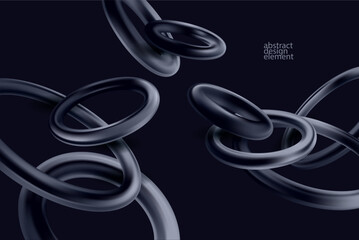  Abstract background of 3D chrome rings.  Monochrome dark geometric shape.
