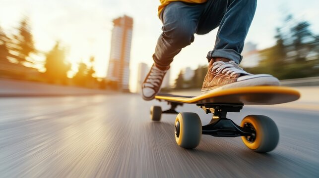 Capturing a skateboarder in motion under a golden sunset, this image conveys a sense of freedom, adventure, and the excitement of urban sports against a vibrant backdrop. - Powered by Adobe