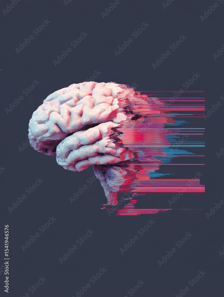 Poster fractured brain exhibits glitch effect against a dark gradient background, showcasing a surreal and 