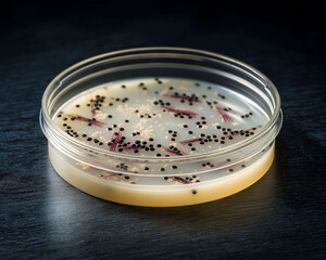Bacillus cereus bacteria illness  symptom. Toxin heat. Petri dish with Bacillus cereus spores in lab setting