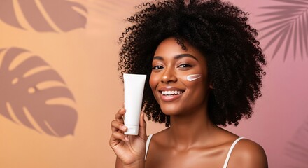 Smiling Woman with Afro Hair Holding Skincare white tube mockup Product with Tropical Shadows