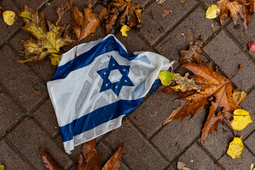 Wet, wrinkled and tattered blue and white flag of the State of Israel lying on a brick path...