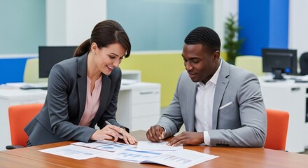 Diverse Business Colleagues Collaborating and Reviewing Documents in Office