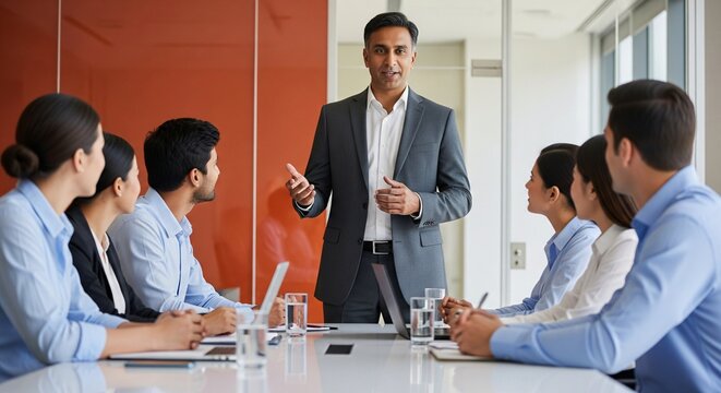 Confident Indian Businessman Leading a Corporate Team Meeting - Powered by Adobe