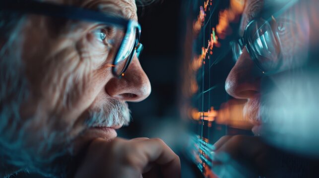 An elderly man gazes intently at stock market trends on a screen, showcasing the intersection of experience and technology in understanding modern financial landscapes.