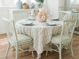 Seafoam green chairs and striped tablecloth with seashell centerpiece