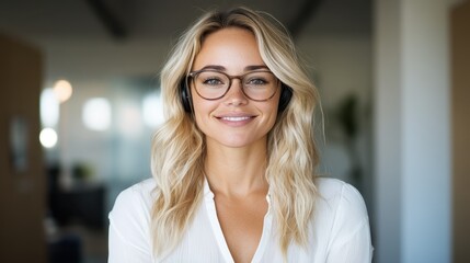A portrait of a confident professional woman wearing glasses and headphones, exuding positivity and approachability, ideal for corporate and personal branding visuals.