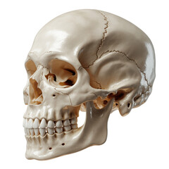 Realistic human skull model viewed from the side with detailed bone structure, teeth, and cranial sutures, isolated transparent background