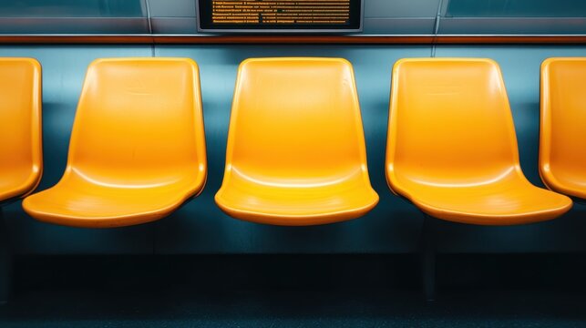 This minimalistic image features a row of bright orange subway seats, creating an inviting yet deserted atmosphere, perfect for themes of solitude and urban life.