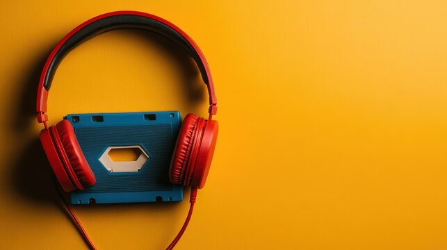 This nostalgic image showcases a vintage cassette tape paired with red headphones on a vibrant yellow background, evoking memories of music's past and personal connections.