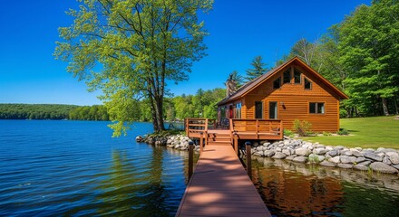 Obraz premium Picturesque Lakeside Cabin with Wooden Dock on a Clear Summer Day