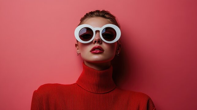 A stylish woman poses against a pink backdrop, sporting oversized white sunglasses that highlight modern fashion trends and a confident, chic demeanor.