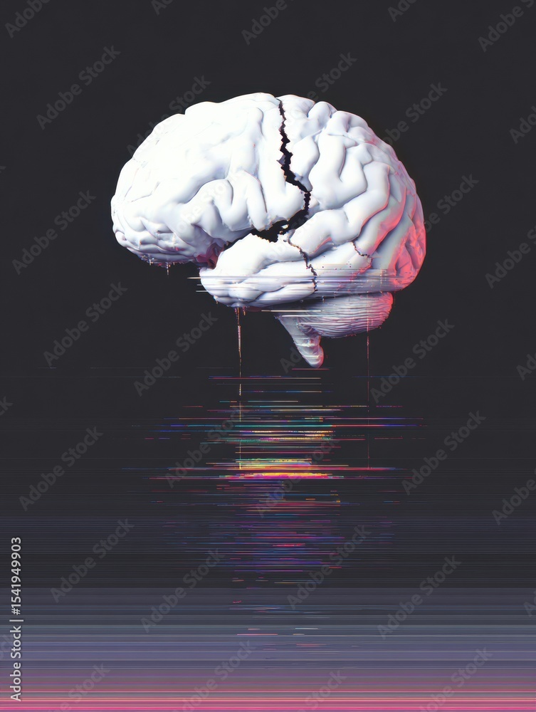Aufkleber Fractured Brain With Glitch Effect Against Dark Gradient Background and Empty Center-Right Space Offers a Striking Visual Representation