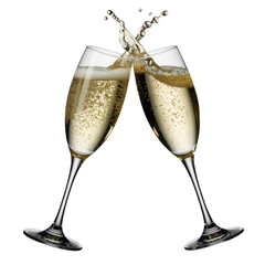 Pair of slender crystal champagne glasses clinking together with golden sparkling wine inside, isolated transparent background