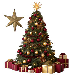 Decorated christmas tree with gifts isolated on transparent background