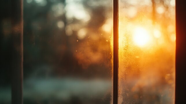 The warm glow of the sun through a fogged window, creating a cozy atmosphere that evokes feelings of nostalgia and comfort, ideal for artistic and emotional representation.
