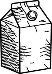 Carton box with screw cap hand drawn sketch of milk or juice beverage packaging container, black and white outline