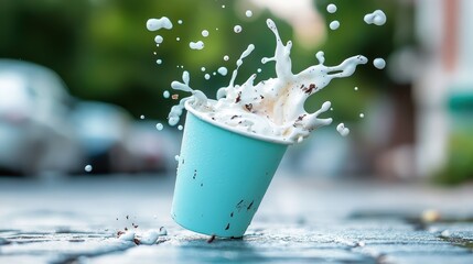 A vibrant image capturing milk splashing out of a turquoise cup, creating dynamic motion and showcasing the fun and unpredictability of everyday moments.