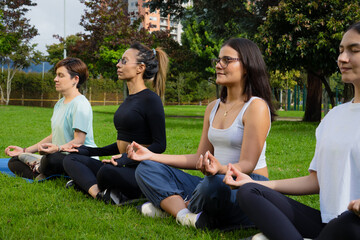 Group of friends meditating and doing yoga in the park with daylight for yoga, meditation, exercise...