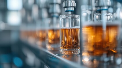An artistic photograph of a glass bottle containing brown liquid, surrounded by rows of similar bottles, highlighting the precision and beauty of beverage production processes.