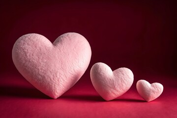 Fototapeta premium Three pink fuzzy hearts on red background