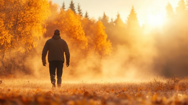 A solitary man walks through a serene autumn landscape bathed in golden sunrise light, evoking feelings of solitude, reflection, and the beauty of nature in transition.