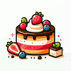 A cartoon cake stacked with fruit white icing and chocolate drip on a white background