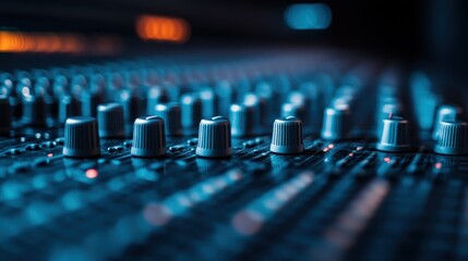 An intricate view of audio mixer controls illuminated in blue and orange hues, capturing the essence of sound engineering and the creativity behind music production.