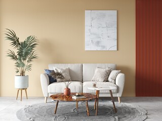 Mock up of an ideal living room with a compact comfortable sofa and a stylish decorative background, 3D rendering.