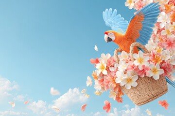 Tropical parrot carrying a basket with flowers