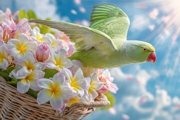 Tropical parrot carrying a basket with flowers