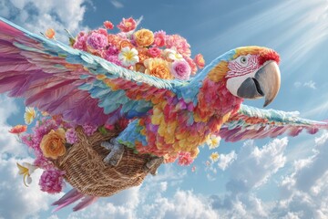 Tropical parrot carrying a basket with flowers