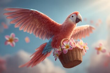 Tropical parrot carrying a basket with flowers