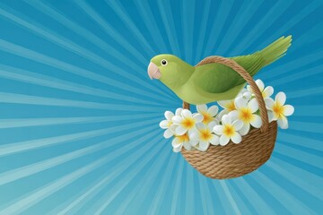 Tropical parrot carrying a basket with flowers