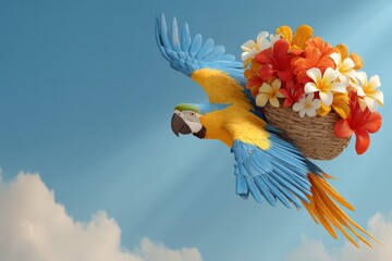 Tropical parrot carrying a basket with flowers