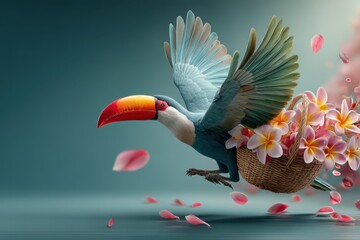 Tropical parrot carrying a basket with flowers