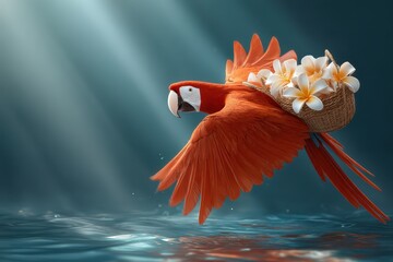 Tropical parrot carrying a basket with flowers