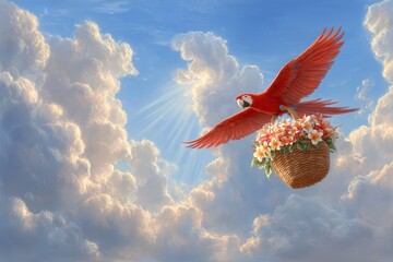 Tropical parrot carrying a basket with flowers
