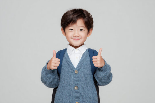 primary school kid with a backpack and thumbs up on neutral studio background