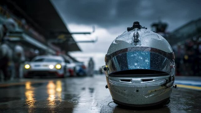 Rain soaked racing helmet resting on wet asphalt in pit lane, professional pit crew working diligently on sleek race car during high intensity motorsport competition
